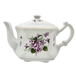 Vtg Kernewek Teapot w Lid English Bone China Hexagonal White w Purple Florals